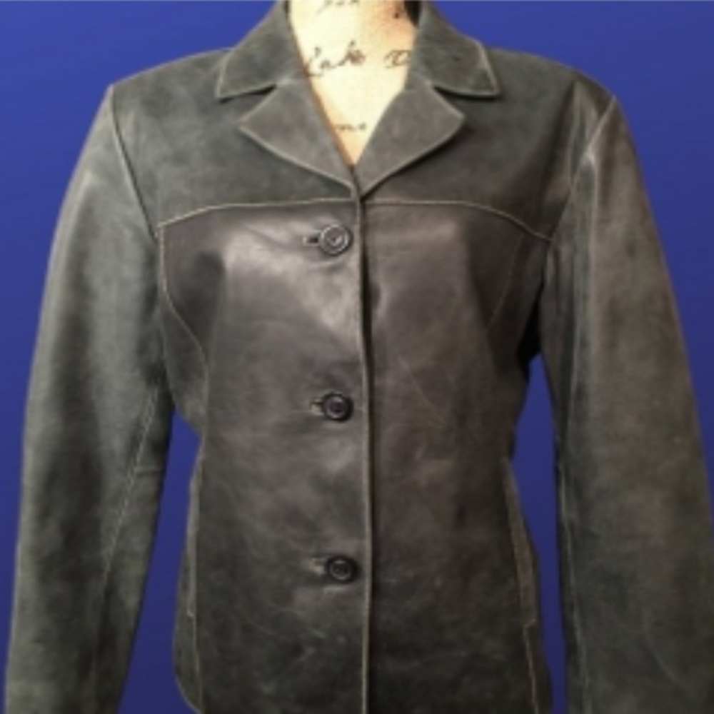 MOSSIMO Distressed BLACK 100% LEATHER Blazer Jacket